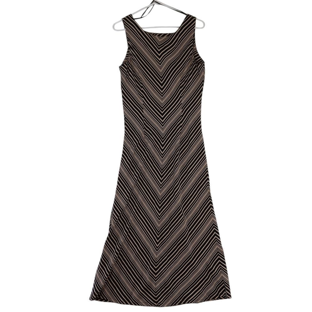 VINTAGE Chic Chevron Striped Maxi Dress Sleevless Gothic Glam Black Tan Size 12 - Picture 3 of 8